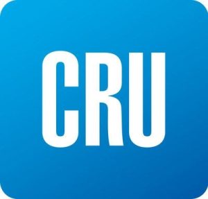 Logo for CRU, featuring white lettering against a blue background